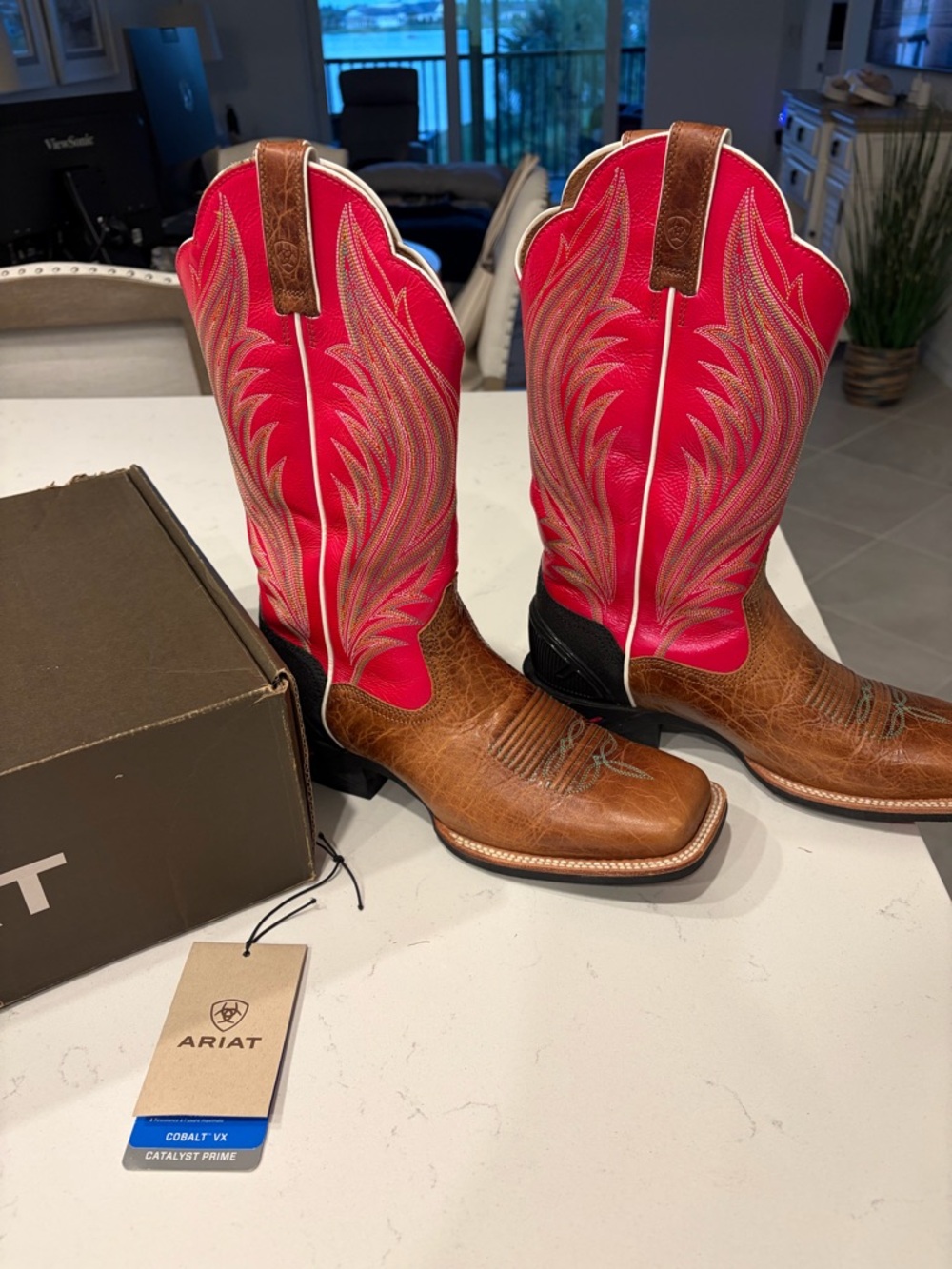 Ariat Brown Foot with Hot Pink Embroidered Shaft Western Boots